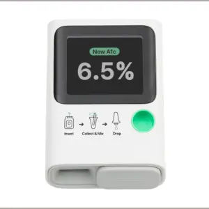 OBM rapid A1c Professional System for precise HbA1c testing, featuring an easy-to-use interface with step-by-step instructions for inserting cartridges, collecting samples, and mixing. Ideal for professional diabetes monitoring, providing accurate and reliable results displayed clearly on the device screen.